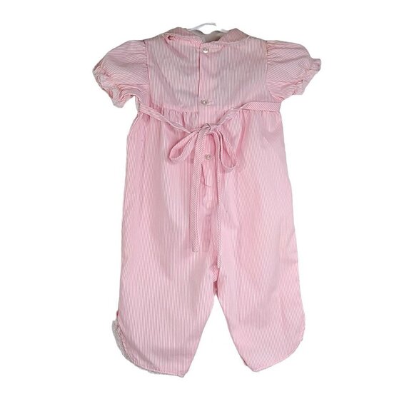 Vintage Pink White Micro Stripe Embroidered Peter Pan Collar Baby Girl Jumpsuit - Picture 5 of 6